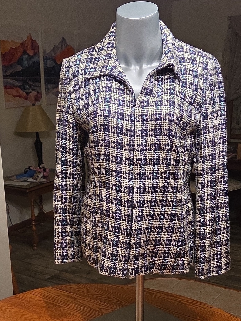 Sag Harbor Navy and Cream Tweed Zip-Front Blazer Size 16P